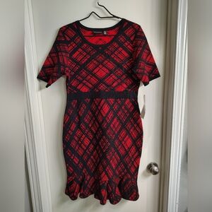 Nina Leonard Red and Black Fit-and-Flare Midi Dress